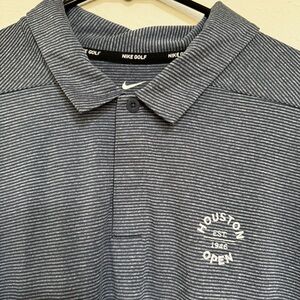 Nike golf polo size XL blue with gray stripes Houston open logo.